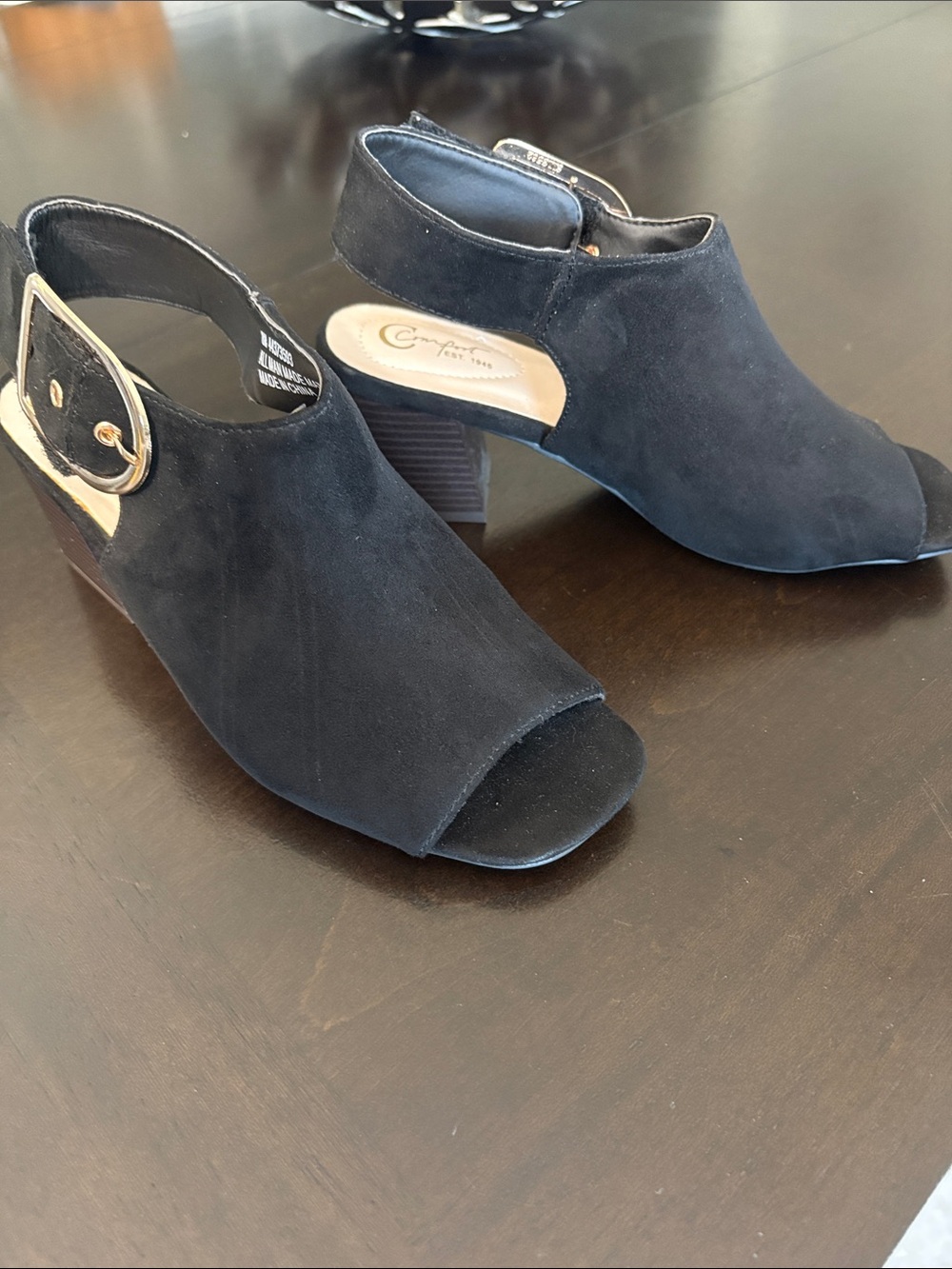 Comfortiva Black Suede Peep-Toe Block Heel Sandals